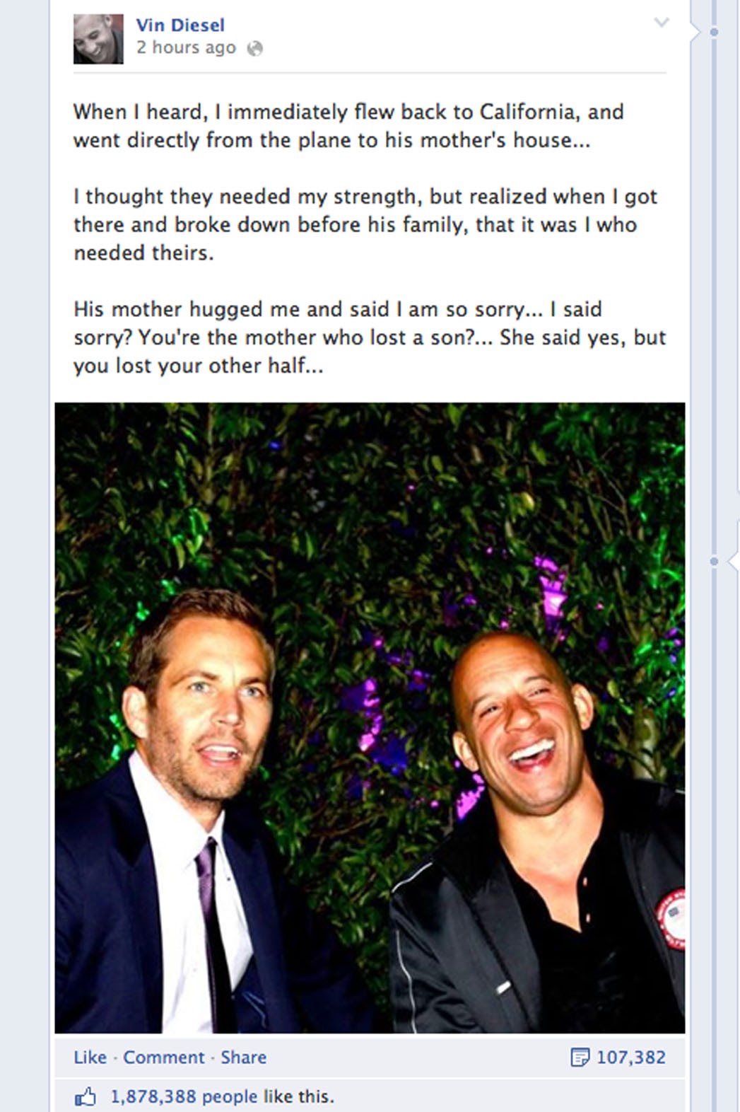 Vin Diesel "Paul Walker's Death Has Left A Painful Void In My Life"